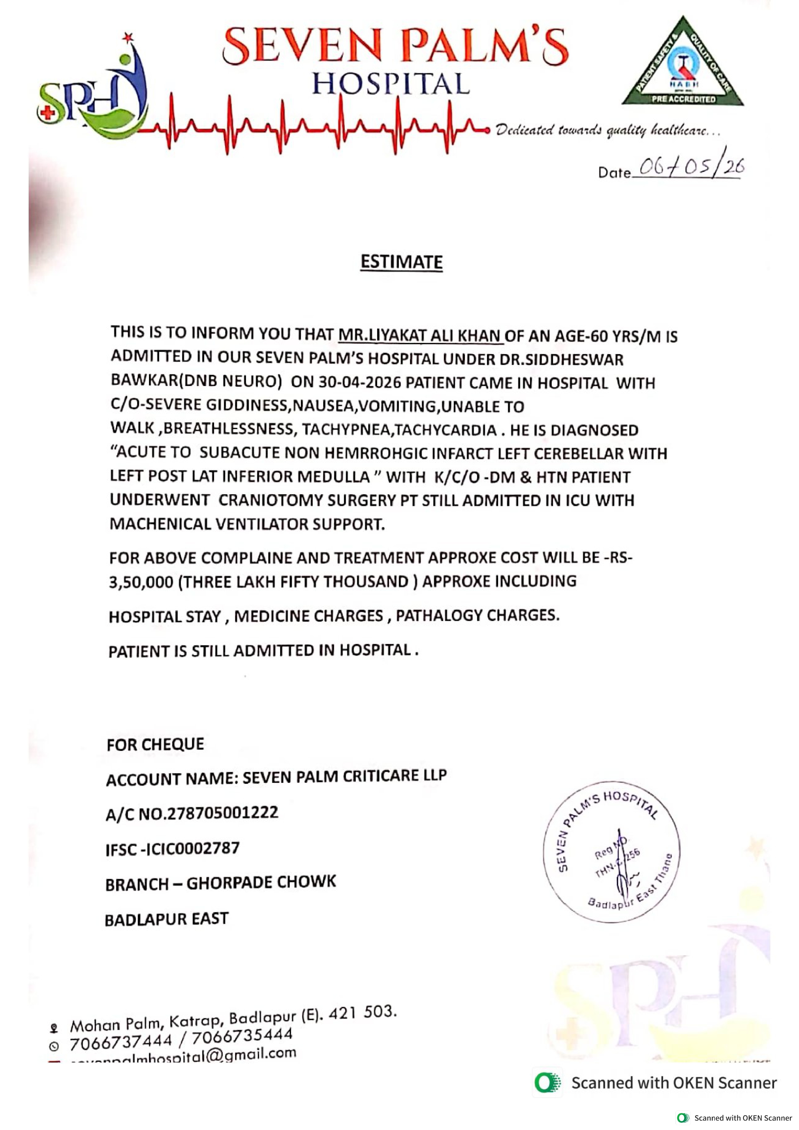 Seven Palm's Hospital Certificate