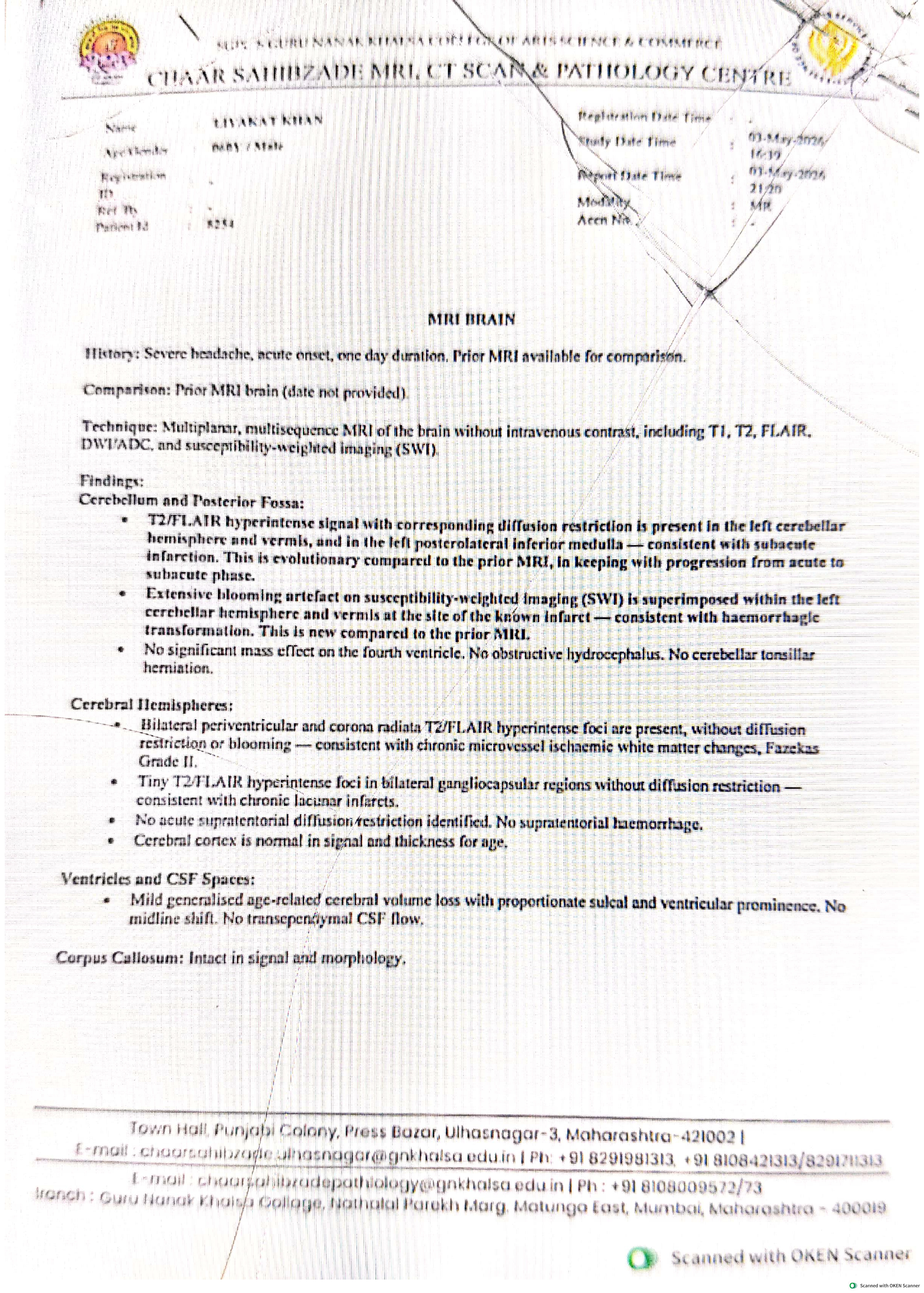 Patient MRI Brain Report - Chaar Sahibzade Centre
