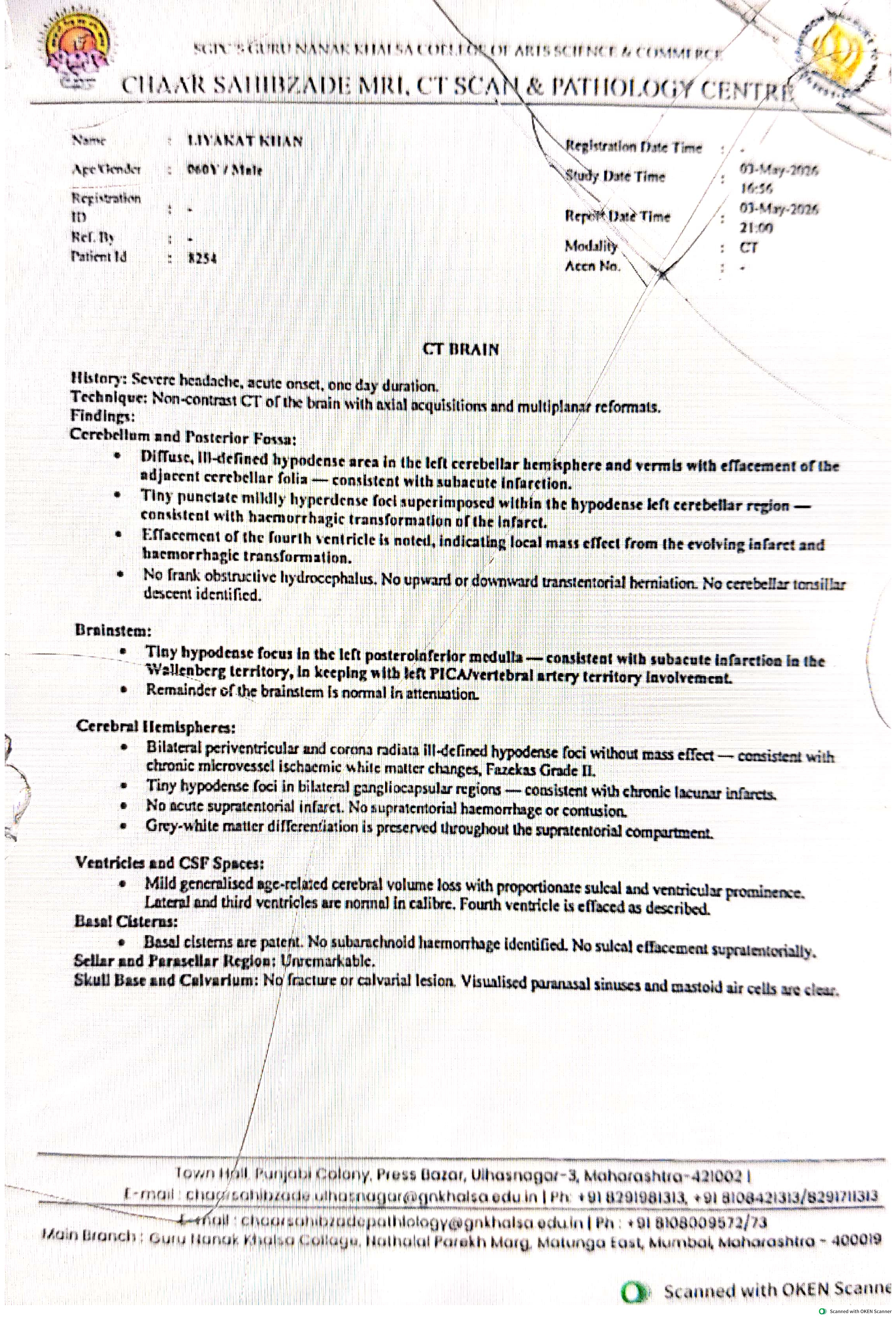 Patient MRI Brain Report - Chaar Sahibzade Centre